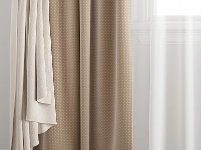 Modern Beige Brown Textured Curtains With Sheer Panels For Window Decoration 3d model