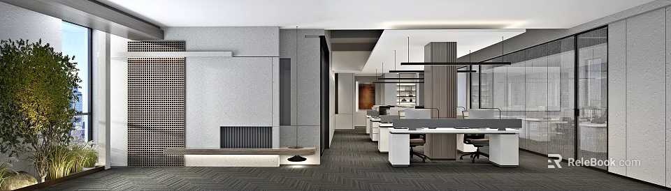 Modern Public Office Space With Open Workstations Desks And Hanging Lights 3d model 