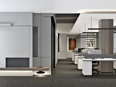 Modern Public Office Space With Open Workstations Desks And Hanging Lights 3d model