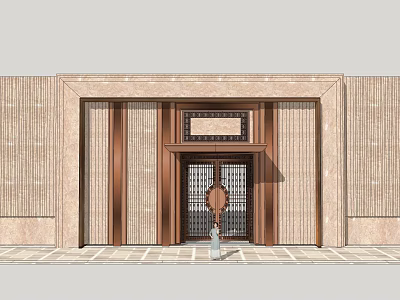 Elegant Traditional Entrance Gate With Stone Wall Wooden Frame And Carved Plaque 3d model