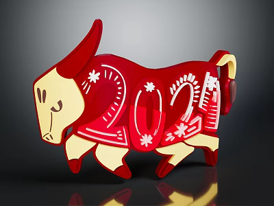 Red And Cream Zodiac Ox Decorative Figurine With 2021 Star Patterns Design 3d model