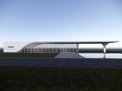 Modern Sales Center Building with Curved Glass Facade and Water Pool in Green Landscape Area 3d model