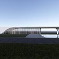 Modern Sales Center Building with Curved Glass Facade and Water Pool in Green Landscape Area