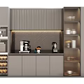 Modern Wine Cabinet Design With Open Shelves Coffee Makers Cups And Wine Bottles