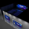 Modern Conference Venue Stage Setup With Large Screen And Blue Seats