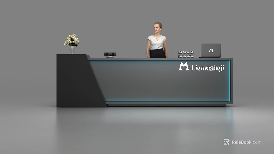 Modern Reception Desk With Gray Black Design Flower Vase Laptop And Receptionist 3d model 