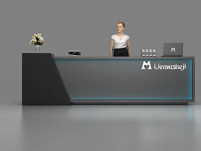 Modern Reception Desk With Gray Black Design Flower Vase Laptop And Receptionist 3d model