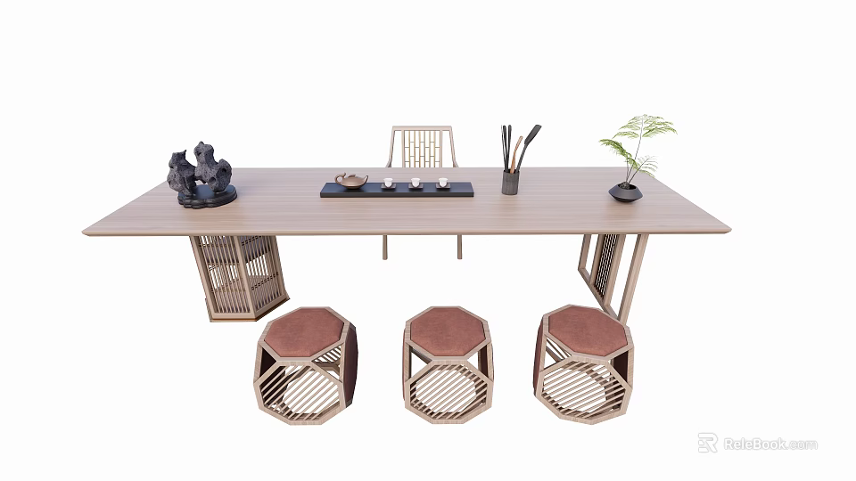 Wooden Tea Table and Hexagonal Stools with Tea Set and Decorative Plants 3d model