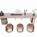 Wooden Tea Table and Hexagonal Stools with Tea Set and Decorative Plants 3d model
