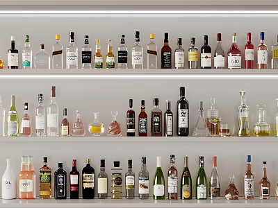 Stylish Display of Different Wine Bottles and Glasses on Multiple Shelves 3d model
