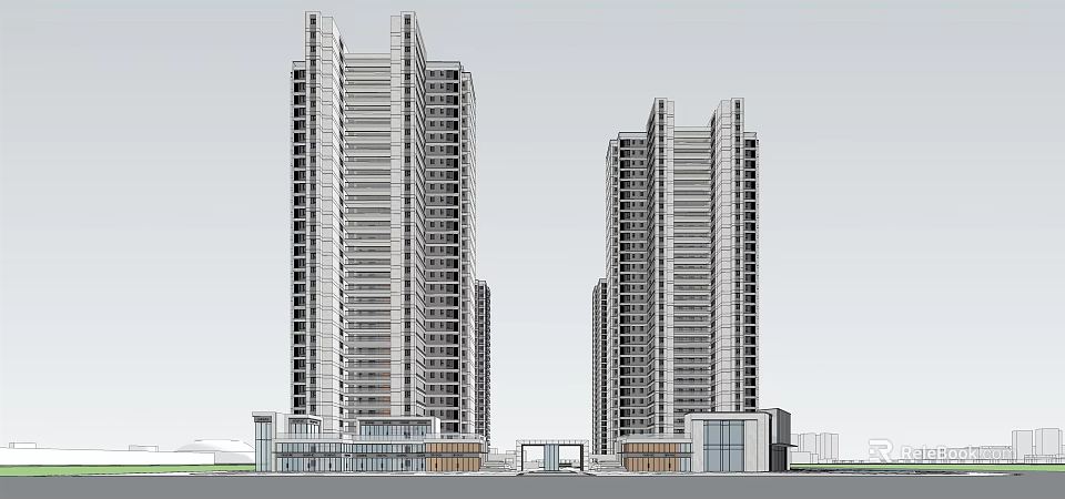 Modern High Rise Buildings Exterior Design With Glass Facade And Low Rise Structures 3d model 