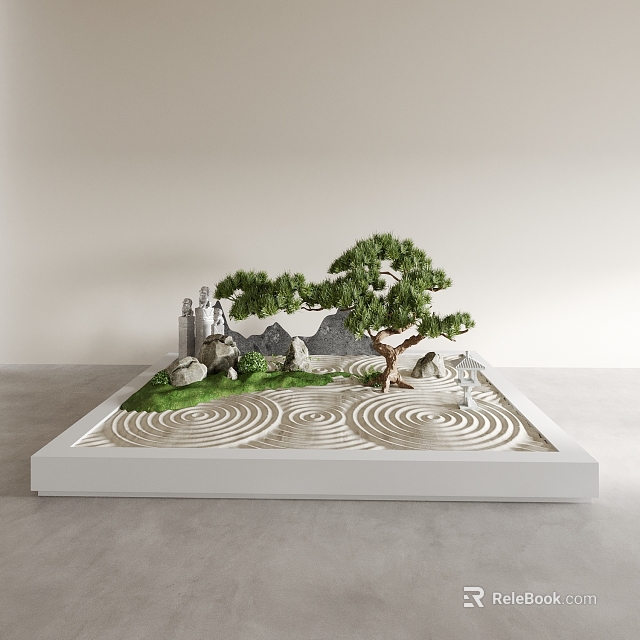 Karesansui Dry Landscape Garden with Raked Sand Patterns Stones and Bonsai Pine Tree 3d model 