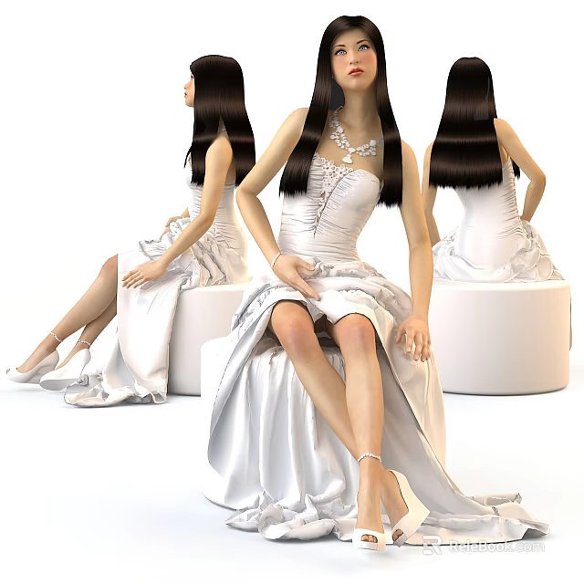 Fashion Model in White Elegant Gown with Long Hair Sitting on White Stool Multiple Angles 3d model 