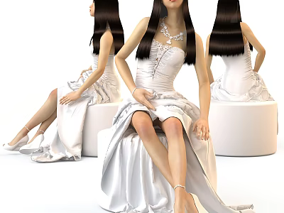 Fashion Model in White Elegant Gown with Long Hair Sitting on White Stool Multiple Angles 3d model