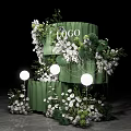 Multi layered Green Decor Structure Featuring White Flowers Greenery Round Lights And Logo 3d model