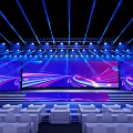 Modern Stage Scene With Blue Purple Lighting Large Screens And White Audience Seats