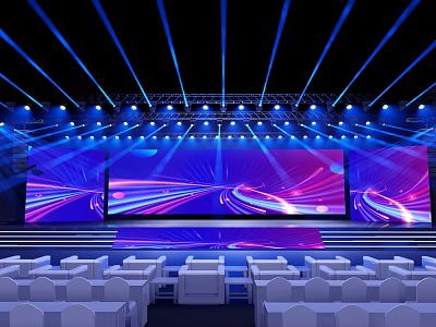 Modern Stage Scene With Blue Purple Lighting Large Screens And White Audience Seats 3d model
