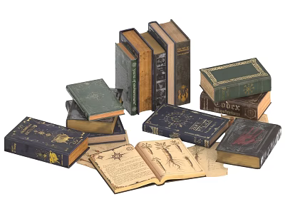 Vintage Books Collection With Open Antique Book And Decorative Cover Designs 3d model