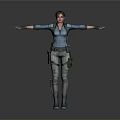 Woman in Blue Tactical Outfit With Utility Belt Backpack Standing Arms Outstretched