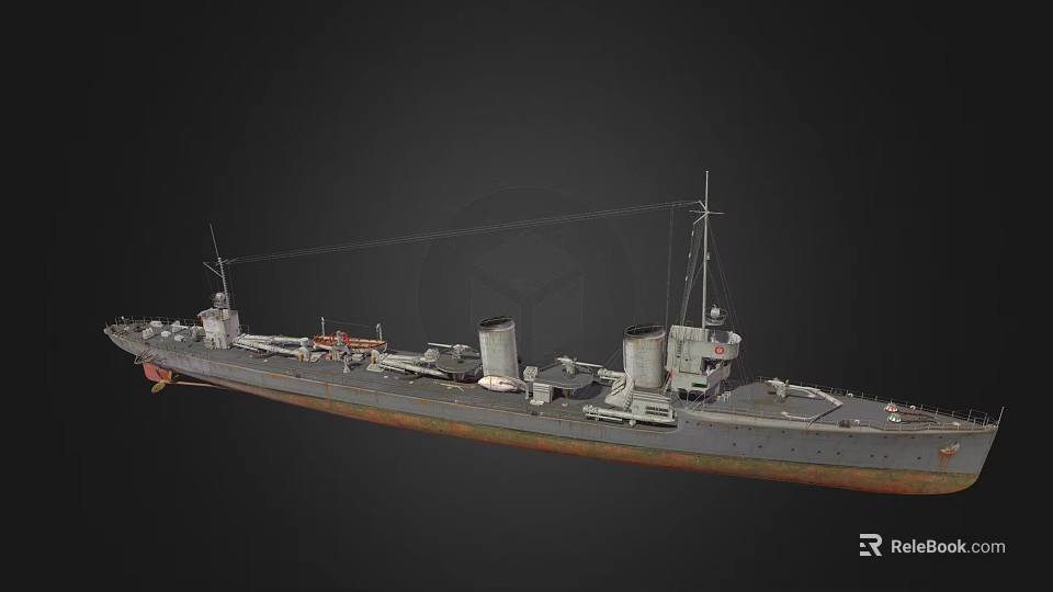 Vintage Warship Model Featuring Two Funnels Gray Hull And Deck Equipment Details 3d model 