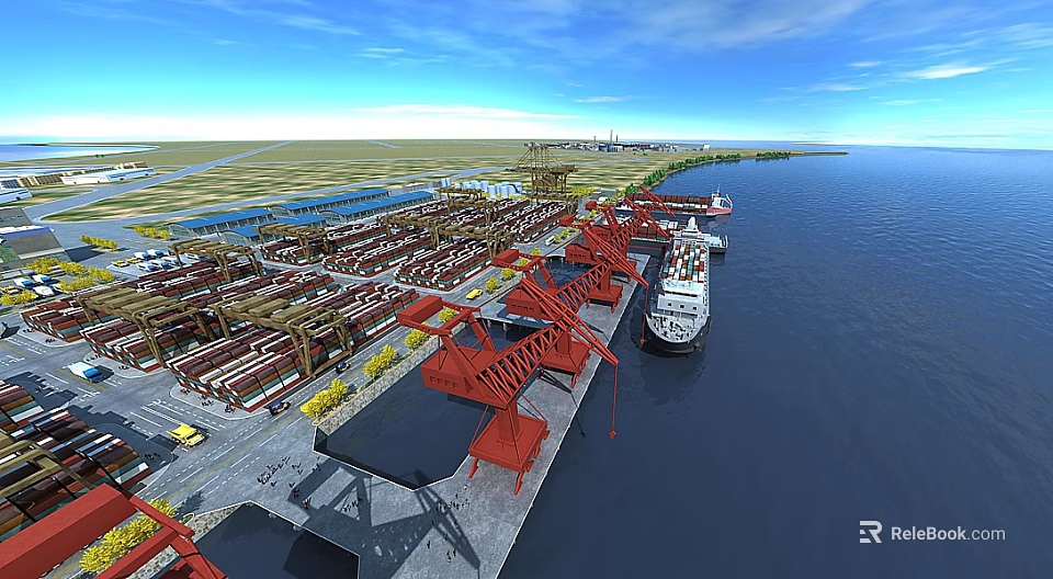 Flat Open Doors At Busy Port With Red Cranes Containers And Cargo Ship 3d model 