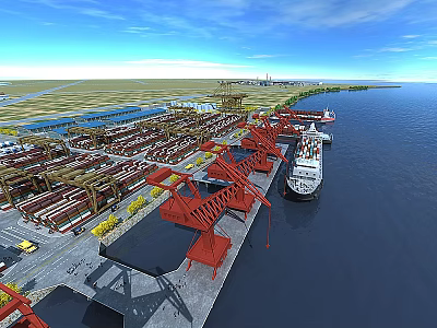 Flat Open Doors At Busy Port With Red Cranes Containers And Cargo Ship 3d model
