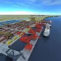 Flat Open Doors At Busy Port With Red Cranes Containers And Cargo Ship
