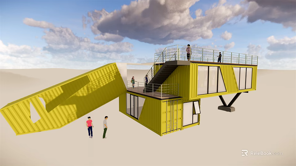 Modern Yellow Container Building With Multi Level Structure Staircase Terrace And Large Glass Windows 3d model 
