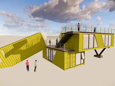 Modern Yellow Container Building With Multi Level Structure Staircase Terrace And Large Glass Windows 3d model