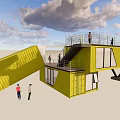 Modern Yellow Container Building With Multi Level Structure Staircase Terrace And Large Glass Windows 3d model