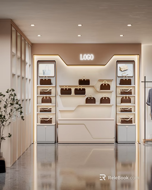 Modern Retail Store Background Wall With Bag Displays Lighting And Logo 3d model 