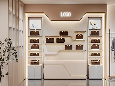 Modern Retail Store Background Wall With Bag Displays Lighting And Logo 3d model