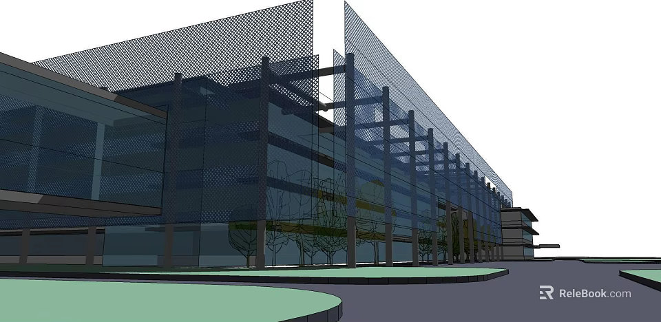 Modern Building Exterior With Glass Curtain Wall Metal Frame Structure Trees And Green Space 3d model 