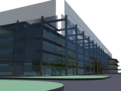 Modern Building Exterior With Glass Curtain Wall Metal Frame Structure Trees And Green Space 3d model
