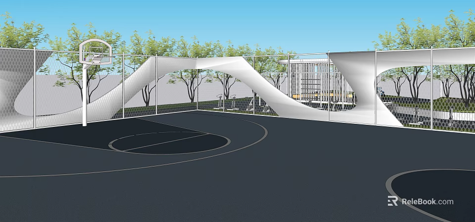 Modern Park Landscape With Basketball Court Playground Equipment Green Trees And White Fences 3d model 