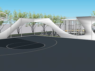 Modern Park Landscape With Basketball Court Playground Equipment Green Trees And White Fences 3d model