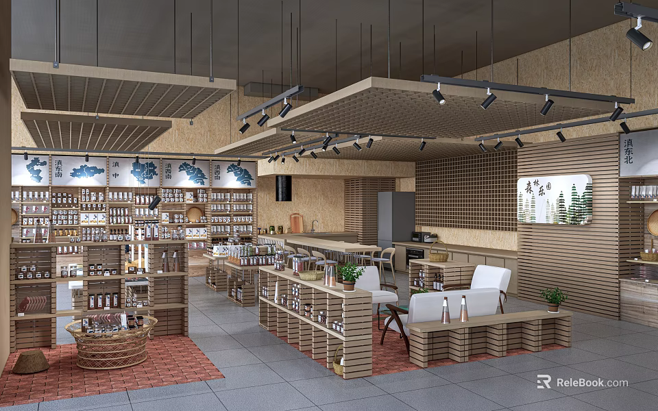 Specialty Store Interior Design With Wooden Shelves Product Displays Ceiling Lighting And Seating Area 3d model 