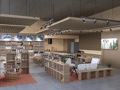 Specialty Store Interior Design With Wooden Shelves Product Displays Ceiling Lighting And Seating Area 3d model