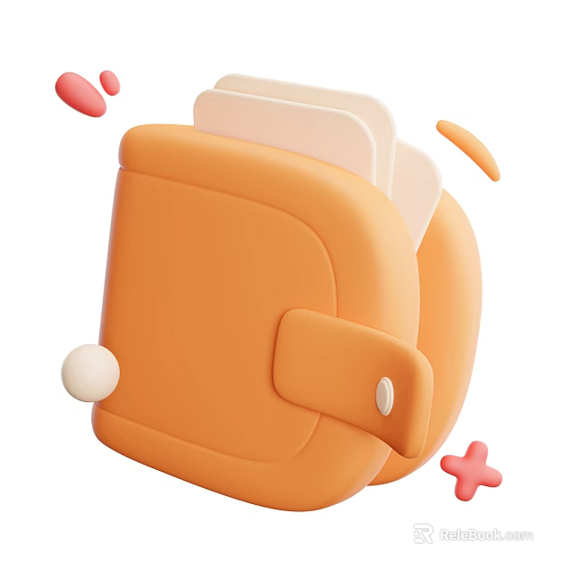 Cute Orange Wallet Inside With Cards Surrounded By Pink And White Small Decorations 3d model 