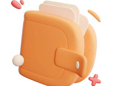 Cute Orange Wallet Inside With Cards Surrounded By Pink And White Small Decorations 3d model