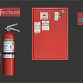 Red Fire Safety Equipment Setup With Extinguisher Cabinet Signs And Control Panel