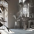 Indoor Potted Plants on Windowsill with Various Flower Pots and Green Wall