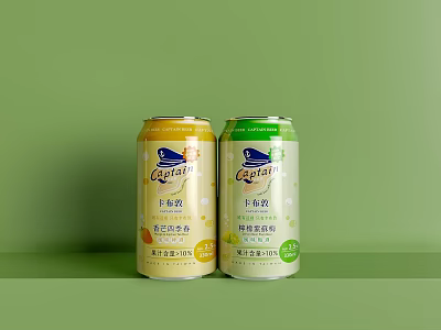 Captain Mango Oat And Highland Barley Oat Beverages In Yellow Green Cans On Green Background 3d model