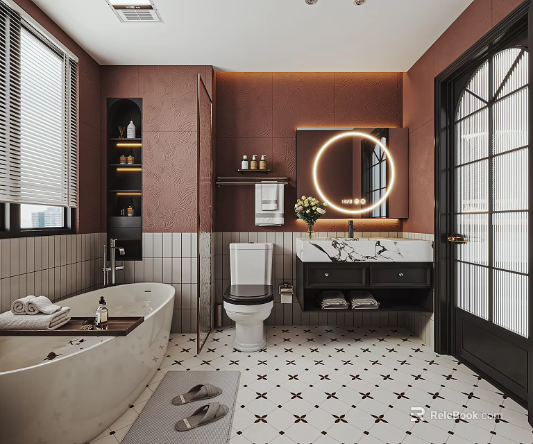 Elegant Warm Toned Bathroom Interior With Freestanding Bathtub And Backlit Round Vanity Mirror 3d model 