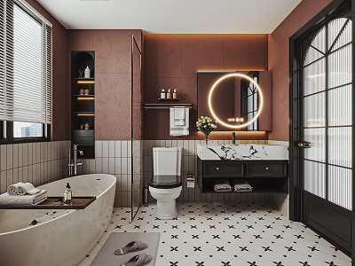 Elegant Warm Toned Bathroom Interior With Freestanding Bathtub And Backlit Round Vanity Mirror 3d model