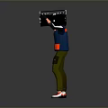 Man Wearing Blue Cap Black Vest With Red Stripe Green Pants Red Shoes Holding Device
