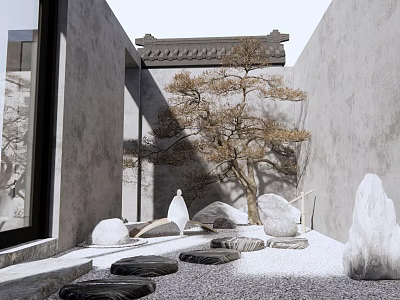 Traditional Chinese Garden Ornament With Grey Walls Shaped Tree White Gravel Stones And Sculpture 3d model