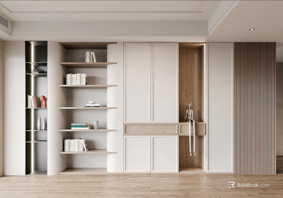 Modern Light Luxury Bookcase with Open Design White Cabinet Wooden Elements and Storage Shelves 3d model 