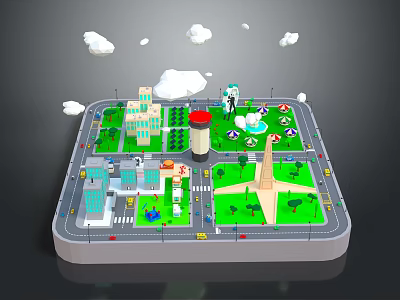 Cartoon City Model Scene With Green Grass Trees Buildings Clouds Roads And Cars 3d model