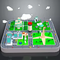 Cartoon City Model Scene With Green Grass Trees Buildings Clouds Roads And Cars